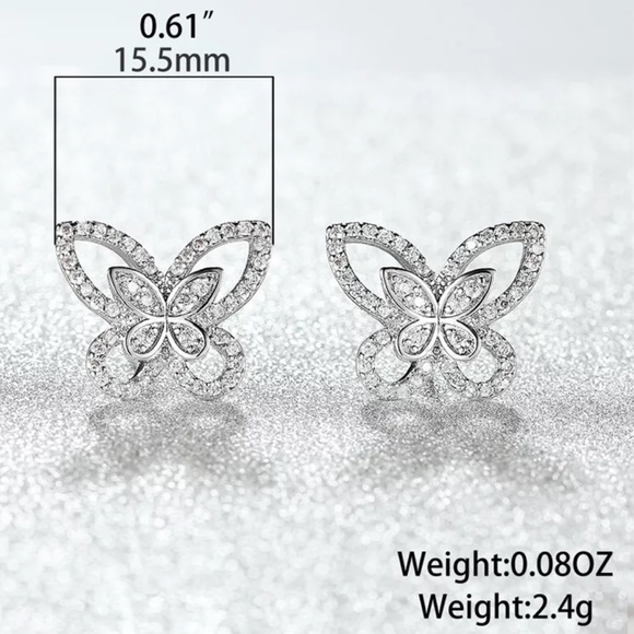 White gold plated earrings butterfly earrings CZ earrings - Picture 2 of 3